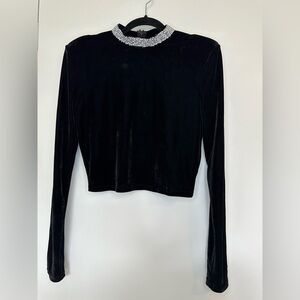 Black Velvet Rhinestone Collar Long Sleeve, Sz L New Year’s Eve Holiday Party